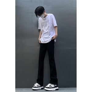 春夏主推大码黑色毛边破洞微喇黄泥牛仔裤直筒裤K10-P50