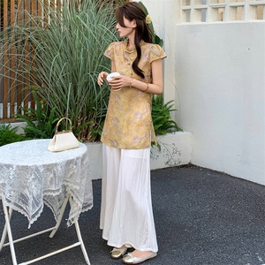 新中式g风套装女2026夏季流行复古印花盘扣旗袍上衣阔腿裤两件套图片