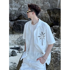 椰树刺绣短袖衬衣度假风宽松小众百搭外套短袖衬衫上衣C22541，男装T恤，星座1116A（原606A-3）