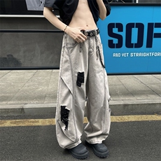 美式高街斜切破洞牛仔裤男薄款宽松阔腿弯刀裤痞帅潮牌直筒裤子，男装牛仔裤，星座410-6（原星座1304-1）