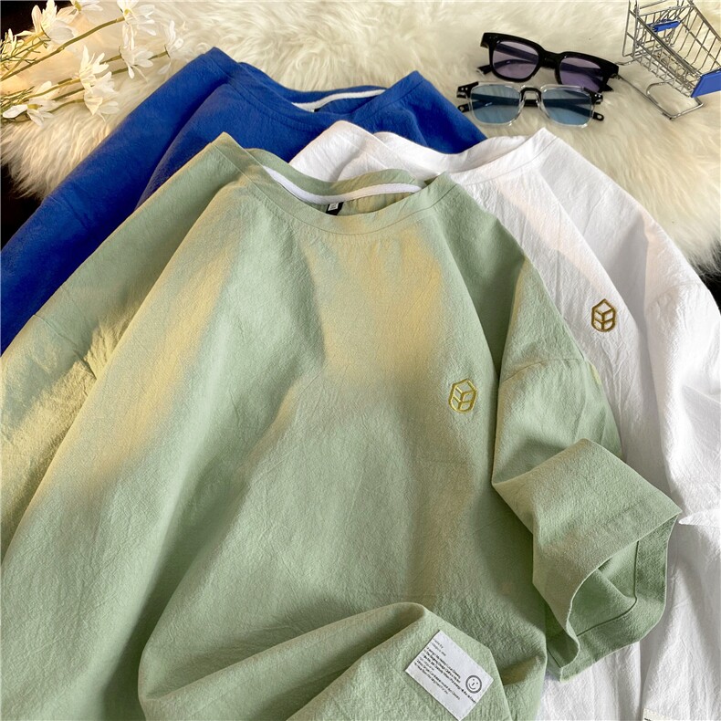 小众刺绣短袖t恤男夏季cleanfit落肩半袖潮牌大码宽松情侣装衣服图片