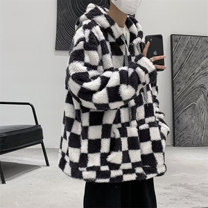 棋盘格棉服男ins潮宽松休闲冬季百搭棉袄羊羔绒连帽棉衣外套图片