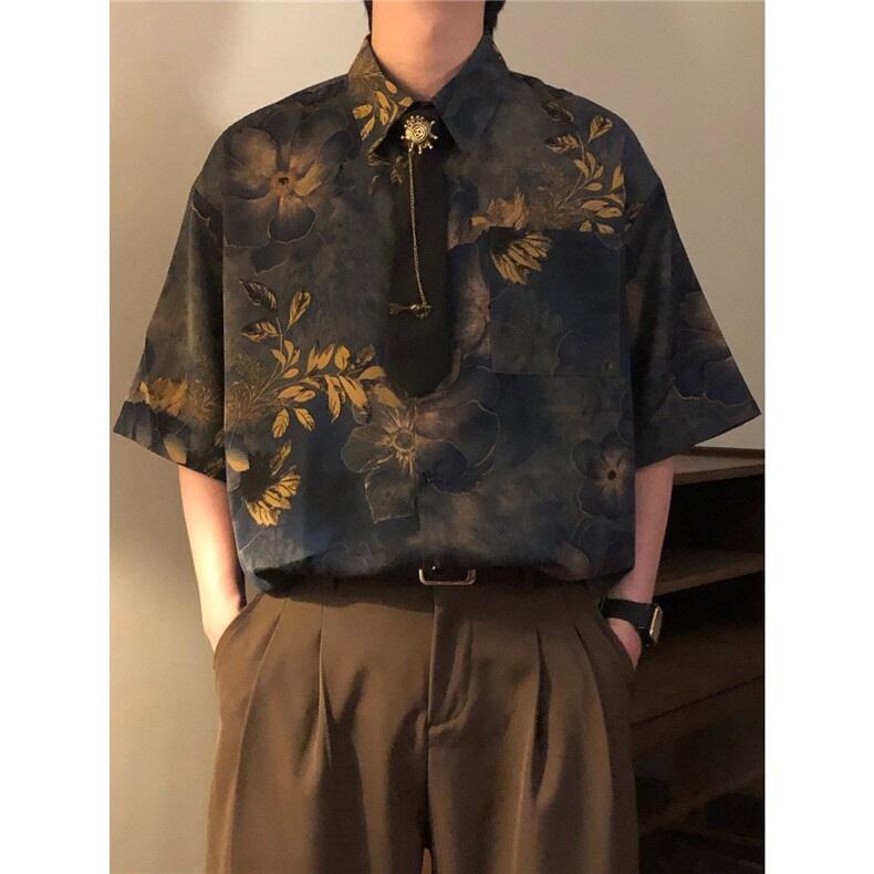 夏季美式潮牌休闲新中式古着感港风印花衬衫领带短袖上衣男CS5263图片