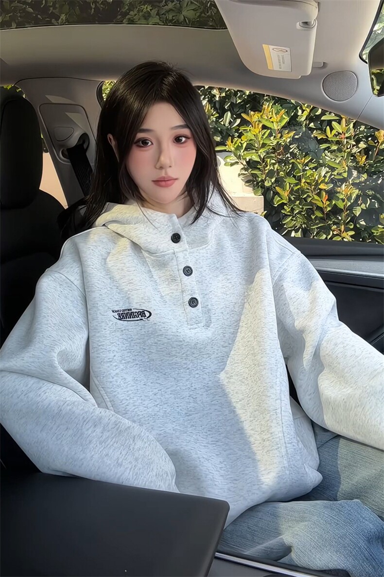白灰色亨利领连帽卫衣男款秋季美式复古潮牌帽衫情侣重磅叠穿外套,男装卫衣,电商B295