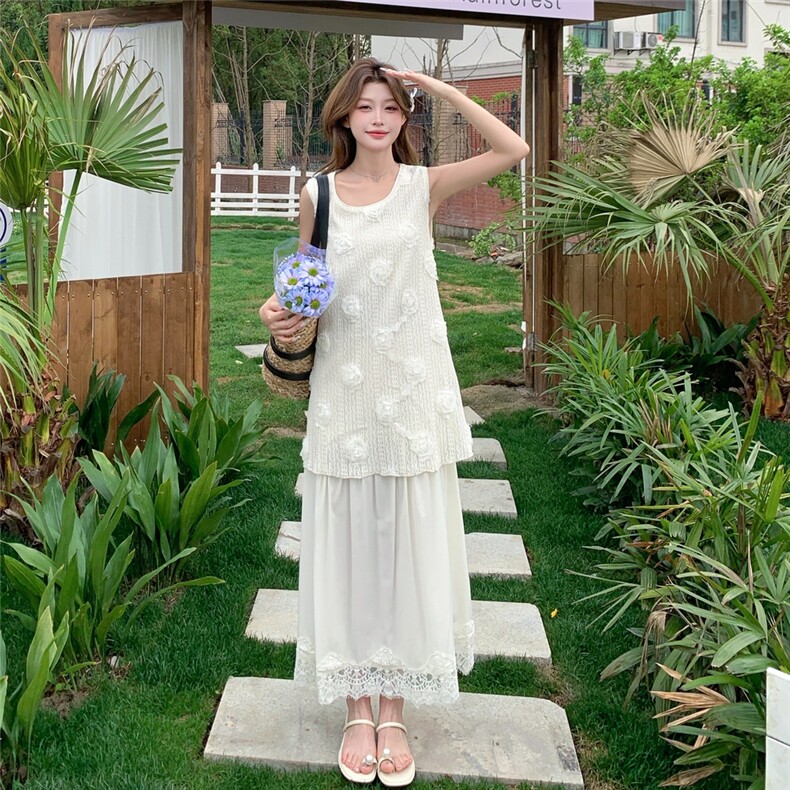 松弛感穿搭白色无袖背心连衣裙女夏超火绝美度假长裙假两件套装仙,女装连衣裙,2C216