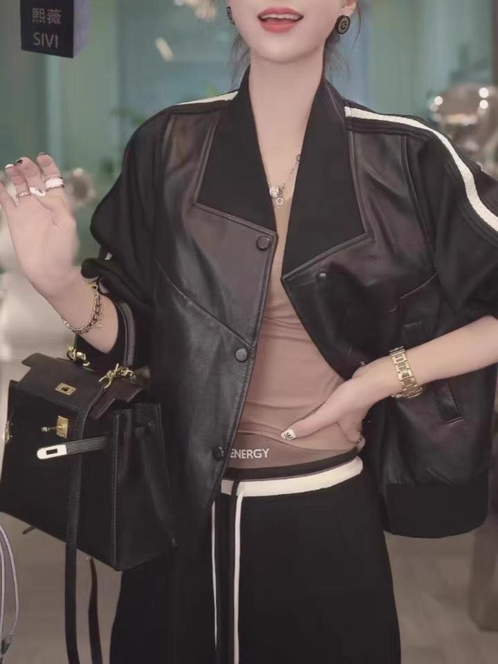 法式复古拼接拉链皮衣外套,女装皮衣,L·H·X