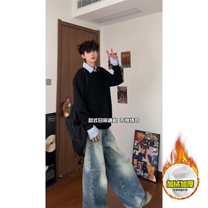 重磅加绒硬挺boxy男女美式高街假两件衬衫领长袖卫衣POLO领打底衫图片