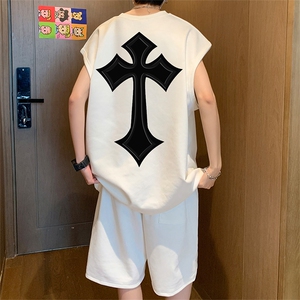 直播美式麂皮绒宽松背心无袖t恤短裤大码两件套套装 TZ43-P58图片