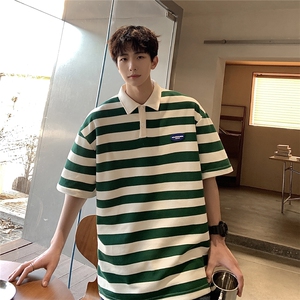 美式港风条纹短袖polo衫男大码翻领短袖T恤DP8761P40控59图片