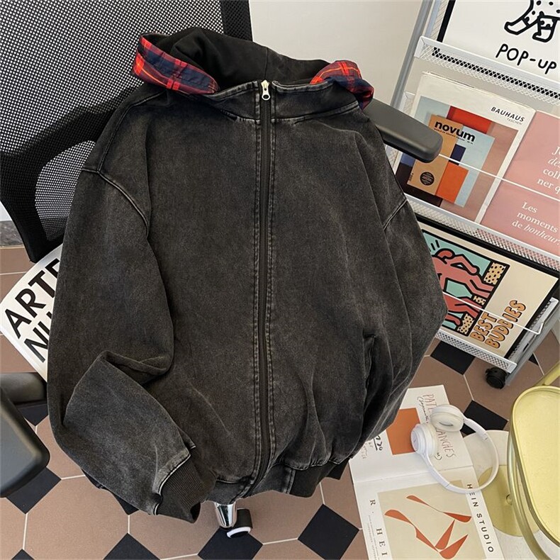 美式复古格纹撞色帽衫男秋款简约cleanfit休闲宽松百搭卫衣外套,女装短外套,星座601-1