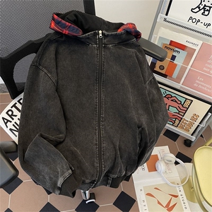 美式复古格纹撞色帽衫男秋款简约cleanfit休闲宽松百搭卫衣外套图片
