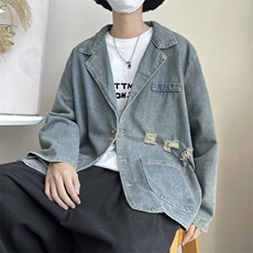 牛仔外套男秋冬季美式高街vibe宽松休闲水洗做旧潮牌痞帅西服夹克，男装西服，星座410-7