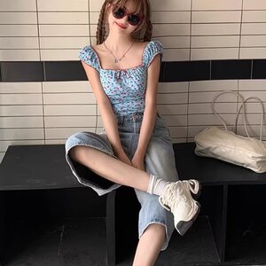 氧汐浅蓝色宽松直筒七分牛仔裤女春夏2025新款高腰显瘦过膝阔腿裤图片
