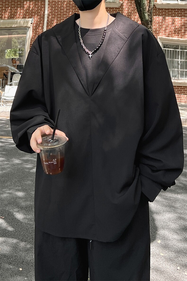 C5067/P40秋装新款老钱风长袖假两件V领POLO衬衫男设计感大码上衣,男装衬衫,电商A141