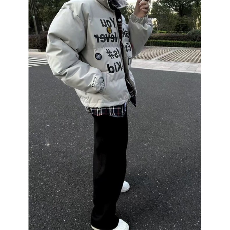 亿万少年BUFU潮牌美式假两件格子棉服外套男女冬季情侣徽章棉衣,男装棉衣,四季星座505