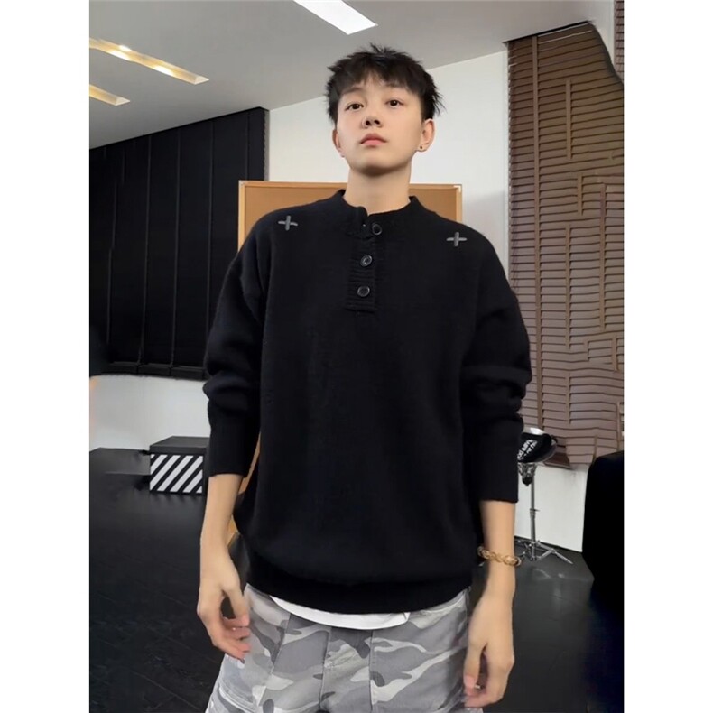 老钱风亨利领刺绣毛衣男秋冬宽松针织衫高级感内搭打底衫MYH471,男装T恤,星座516A