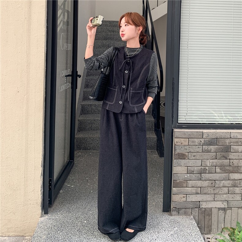 法式老钱风时尚套装女2025秋减龄巨好看马甲条纹t恤阔腿裤三件套,女装套装/套裙,2C090