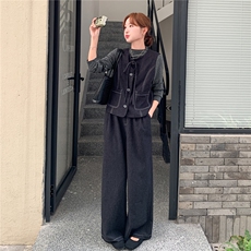 法式老钱风时尚套装女2025秋减龄巨好看马甲条纹t恤阔腿裤三件套，女装套装/套裙，2C090