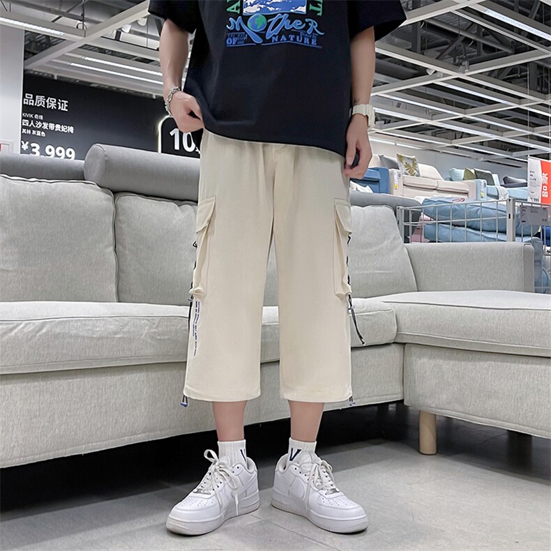 夏季新款潮流宽松工装短裤男抽绳休闲裤学生直筒七分裤子,男装牛仔裤,星座410-7
