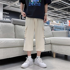夏季新款潮流宽松工装短裤男抽绳休闲裤学生直筒七分裤子，男装牛仔裤，星座410-7