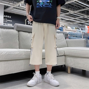 夏季新款潮流宽松工装短裤男抽绳休闲裤学生直筒七分裤子图片