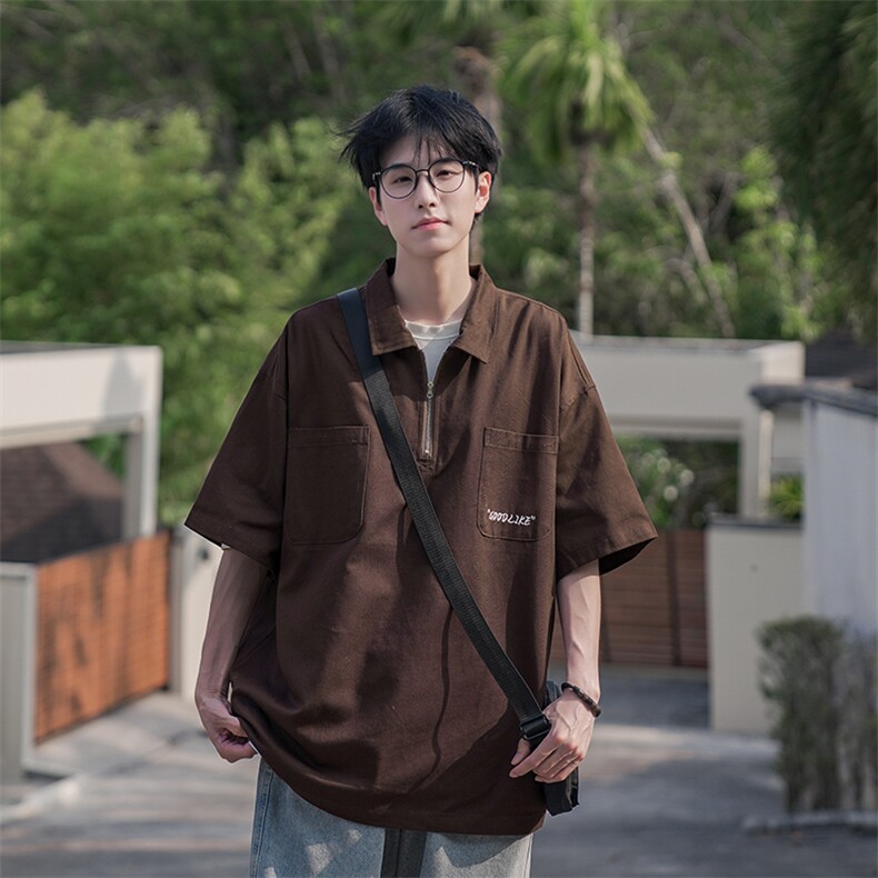 B225-T9211-P58-X75-拉链Polo-全棉-双口袋日系半拉链男夏季潮流,男装衬衫,电商B225