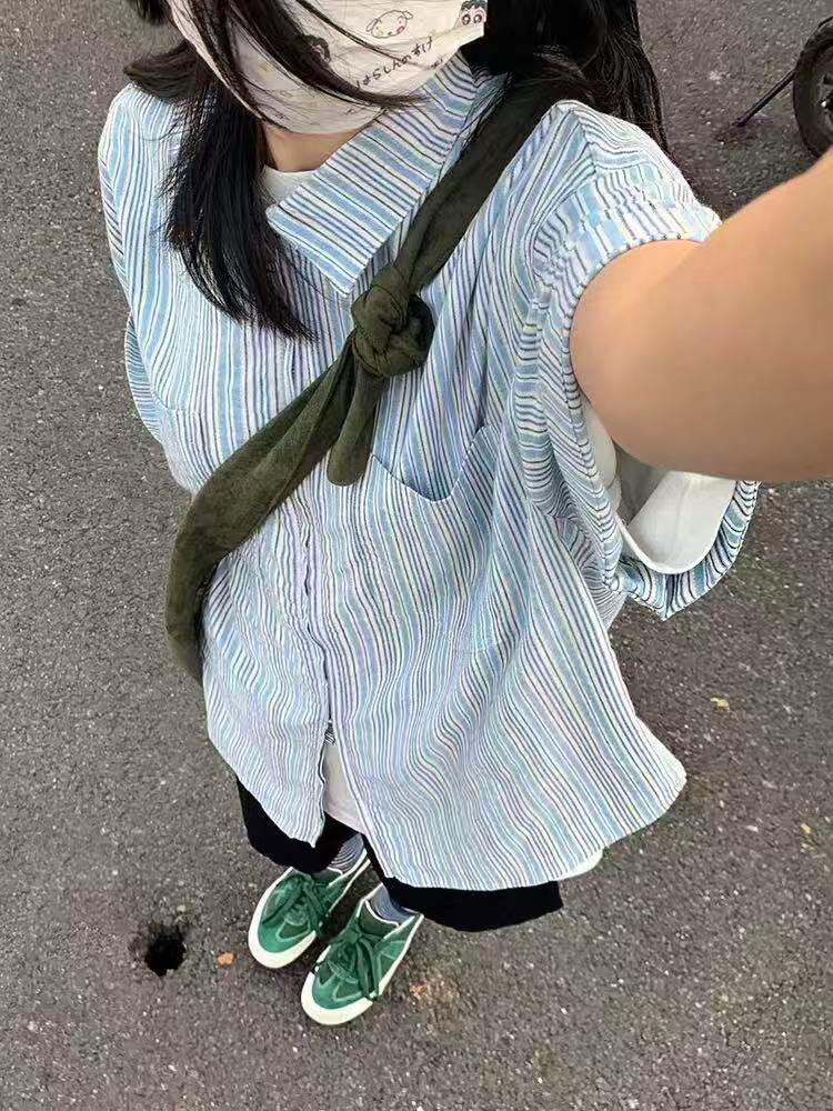 港风街头短袖衬衫夏季半袖上衣条纹宽松百搭开衫衬衣513DC1926P37,男装T恤,星座513