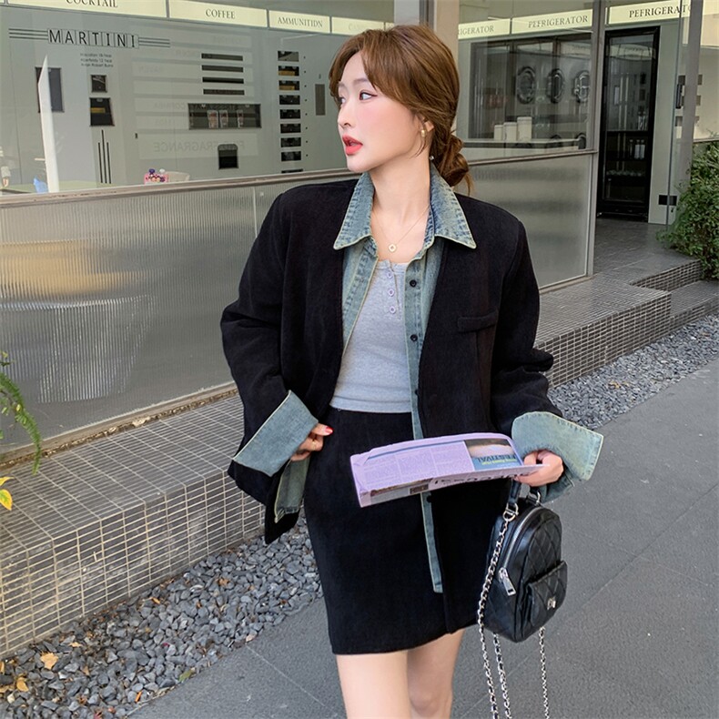 高级气质感穿搭牛仔拼接上衣套装女春夏秋2025超火好看短裙两件套,女装套装/套裙,2C332