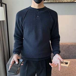 秋冬纯色休闲厚款毛衣男套头提花细条亨利领打底针织衫 S581图片