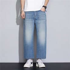 夏季新款浅兰色九分直筒牛仔裤宽松男士美式潮牌水洗休闲3327-P50，男装牛仔裤，星座1006