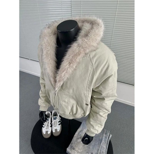 现货高品质美式高街冬季重磅硬挺短款座山雕毛领棉衣男女加厚外套图片