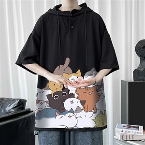 LD54162-P45 连帽短袖t恤男大码胖子带帽五分袖中袖图片