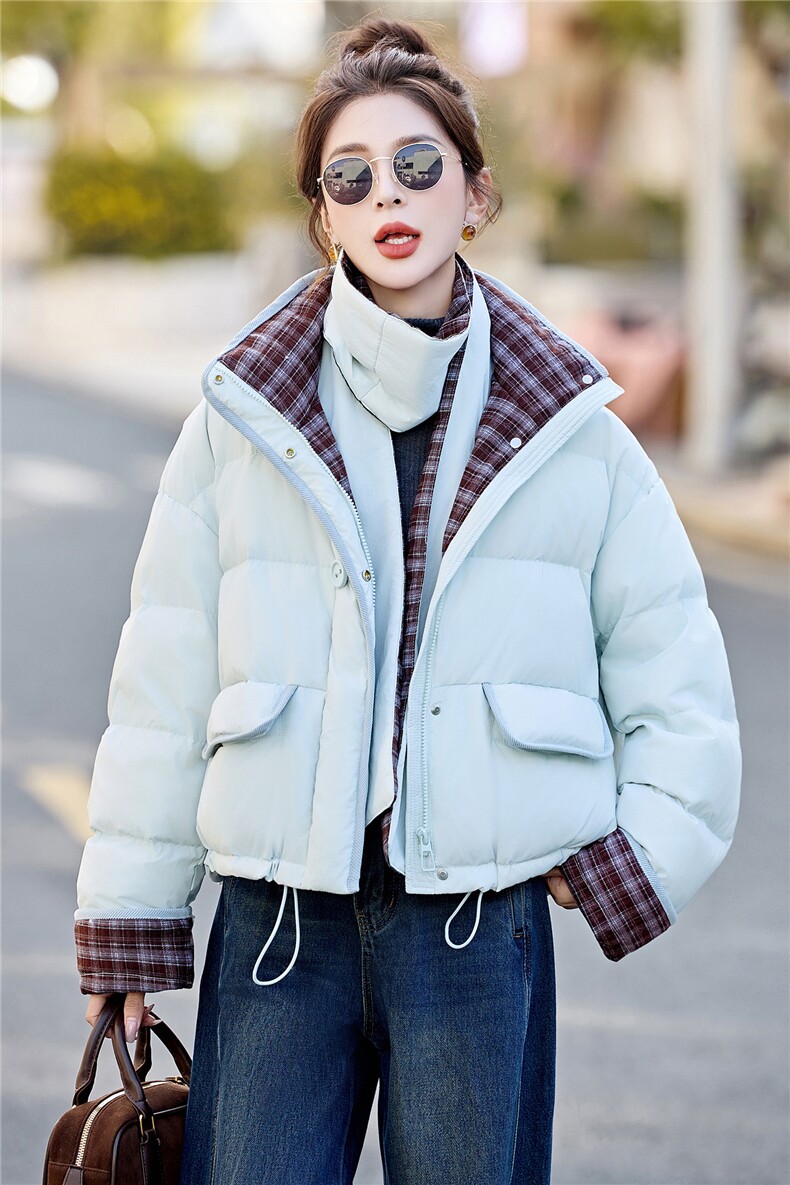 新款挂脖围巾加厚格纹拼接羽绒服2025年冬季时尚潮流,女装羽绒服,鑫鑫美
