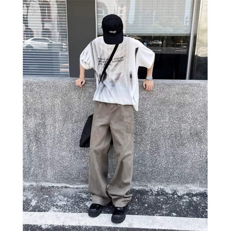 美式复古水洗高腰拼接工装裤男女cleanfit直筒裤子美拉德潮~K3209,男装工装外套,星座601-2