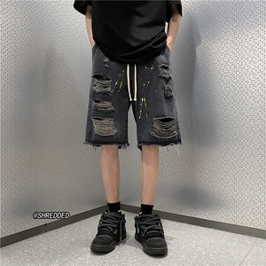 破洞牛仔裤新款夏季港风宽松大码短裤五分裤B315-K5018-P45控58图片