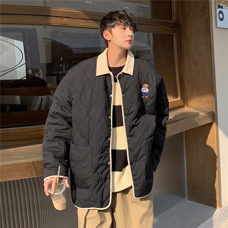 1港风外景灯芯绒拼接连帽棉衣男假两件小熊棉衣男8713P135控168，男装棉衣，星座226-2