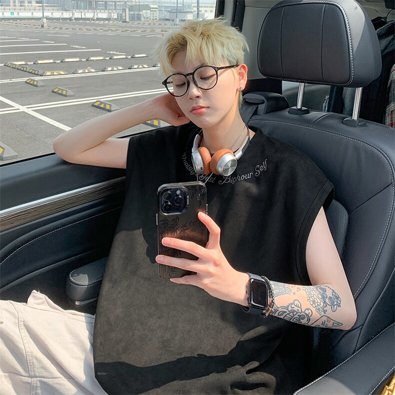 港风大码网红麂皮绒字母刺绣圆领无袖T恤XZ213-T070-P35控48，男装T恤，星座213