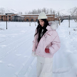 冬季女2025新款韩版设计感条纹蝴蝶结保暖连帽棉服外套图片