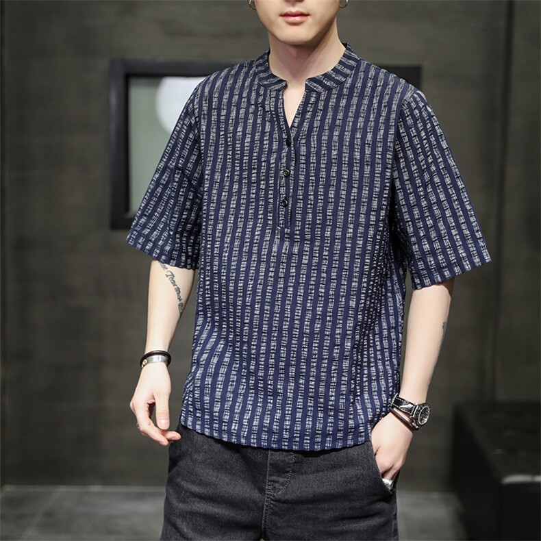 风仿麻立领衬衣休闲条纹衫短袖夏季休闲上衣T117-P55，男装T恤，电商A227