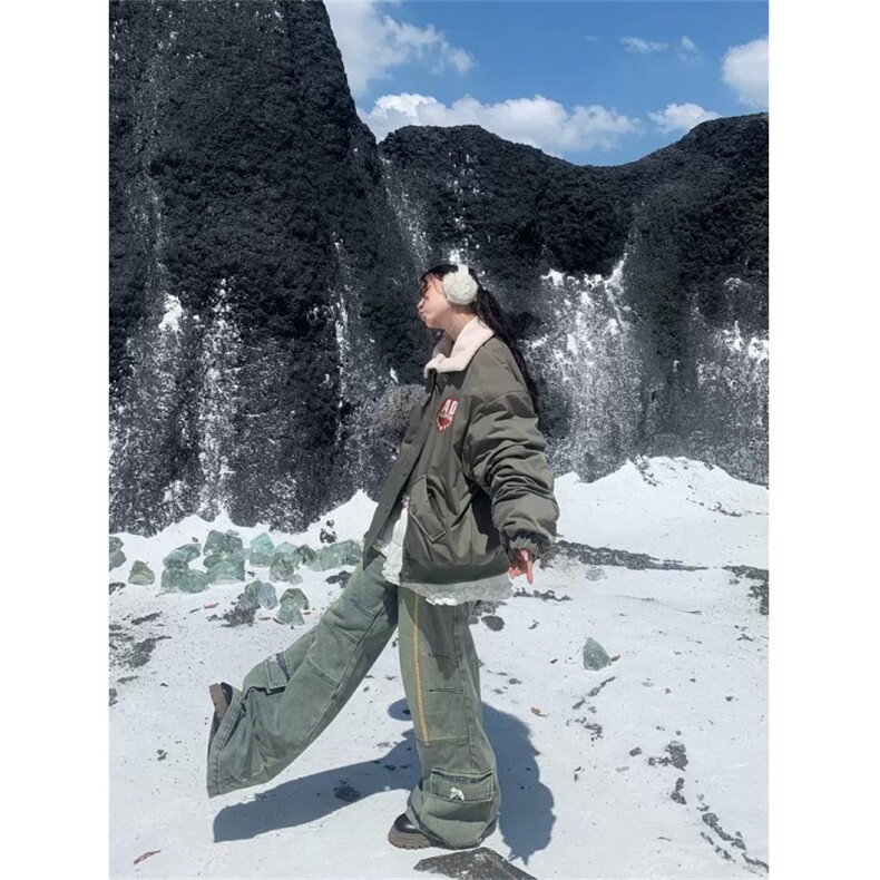 美式设计感羊羔毛翻领棉服外套男女飞行服重磅绣花冬季棉袄网图,男装棉衣,电商C306-1