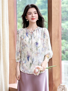 时尚洋气花边领真丝上衣女2025夏装新款七分袖小衫桑蚕丝显瘦衬衣图片