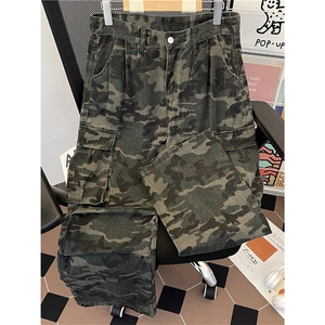 多口袋迷彩工装裤男春秋季复古宽松休闲褶皱阔腿直筒裤AMK86 P54图片