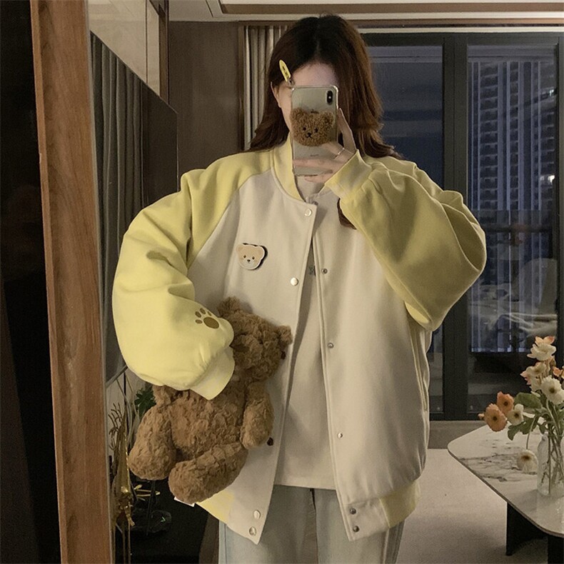 春季新款港风日系立领拼色棒球服魔术贴小熊夹克外套JK1411-P85,男装夹克,星座313A(原308A-2)