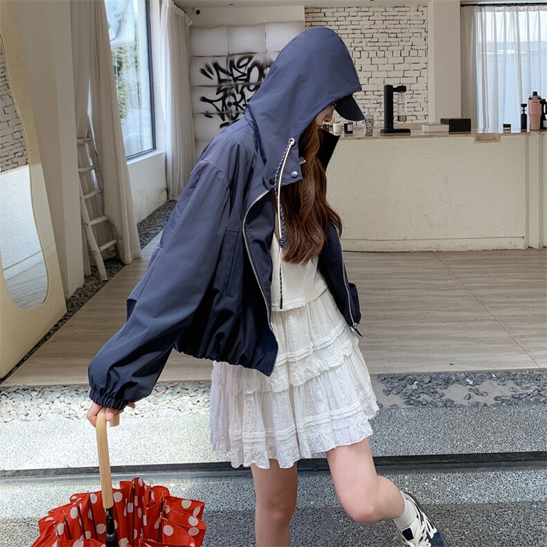 藏青色甜酷减龄设计感连帽冲锋衣夹克外套女2025秋季新款又酷又飒图片