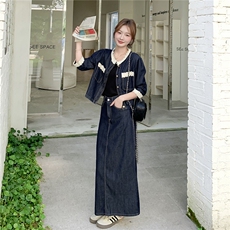 现货2D078-T1931-P165K248蕾丝花边拼接牛仔裙2件套装，女装套装/套裙，2D078