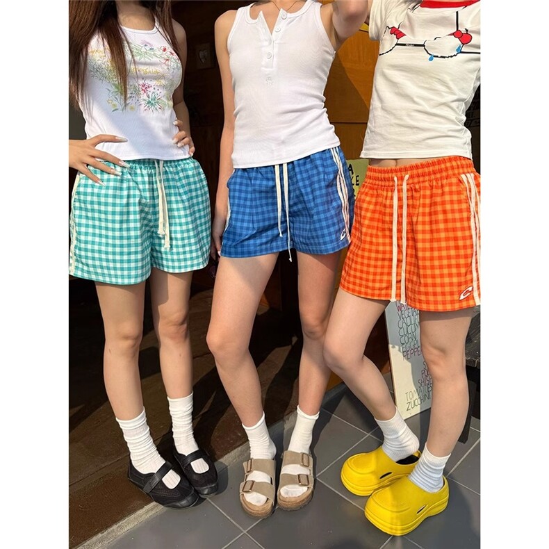 自制美式撞色格纹直筒三分裤男女夏季简约宽松休闲百搭短裤图片