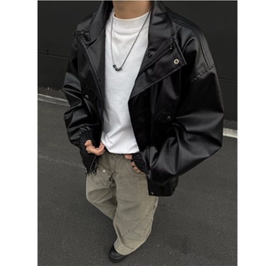 欧美宽松机车服皮衣男潮飞行员PU皮夹克外套W6385-P70图片