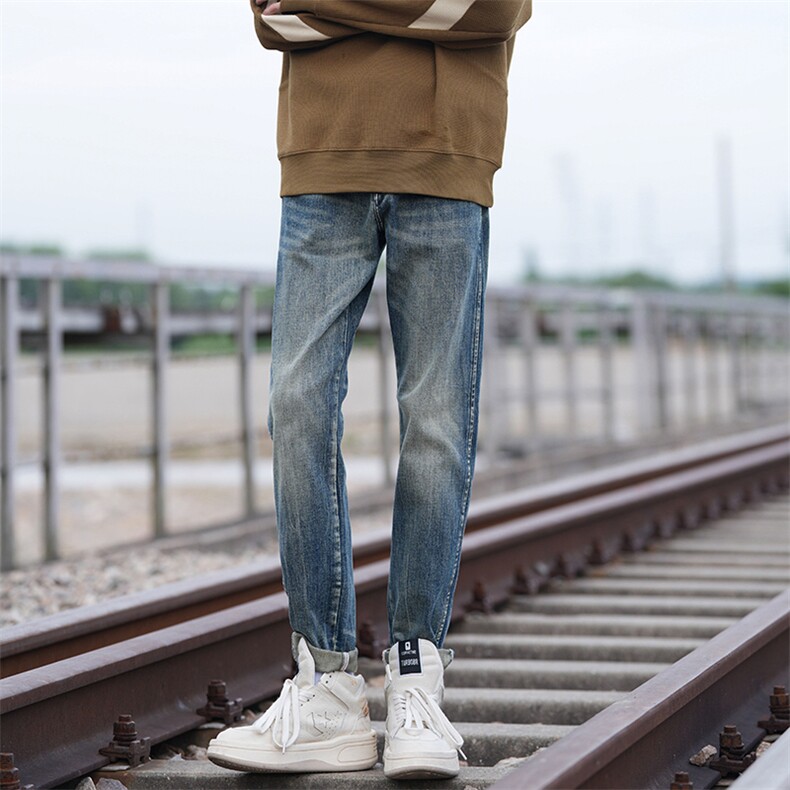 秋装新款 男式新品弹力小脚裤扎花闪电裂纹百搭修身牛仔裤3703P68图片