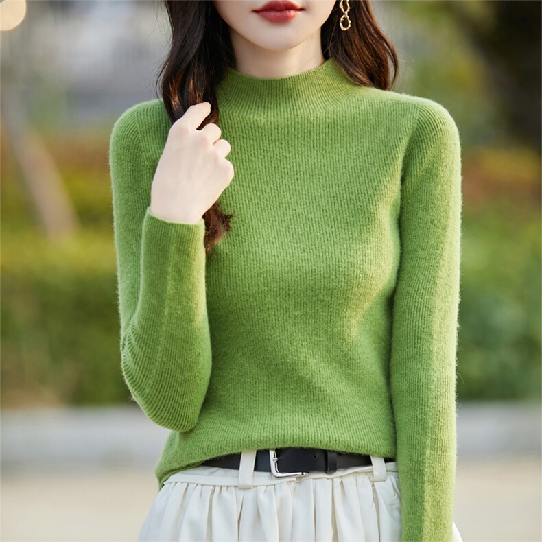 一线成衣精纺羊毛衫针织毛衣女半高领坑条针织打底安迪绒长袖上衣,针织衫/毛衣,斯美雅安迪绒