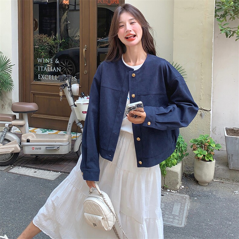 藏青色休闲短外套女2025春季新款小个子宽松减龄夹克韩系chic上衣,女装短外套,维壹